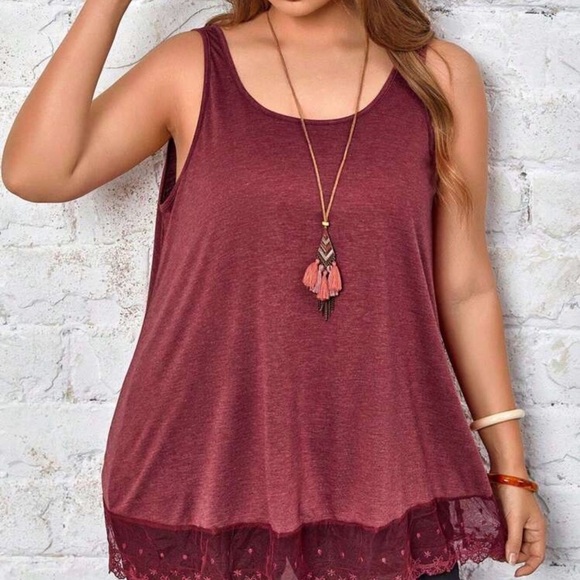 unbranded Tops - Women's Lace-Hem Scoop Neck Tank Top in Burgundy